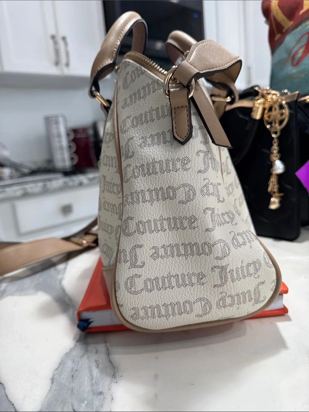 Juicy Couture Beige and Tan Logo Dome Satchel with Gold Charm